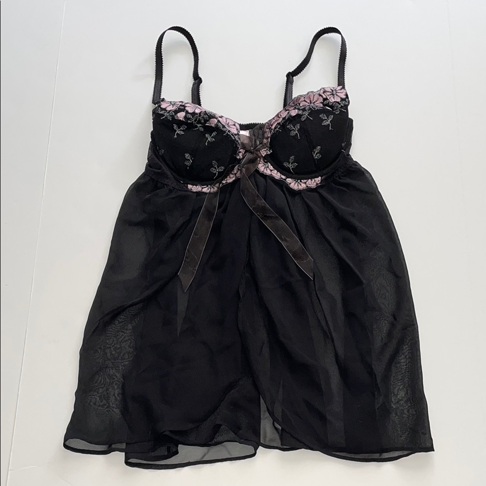 RARE 2000s Victoria’s Secret Push-Up Bra Size 36 Black/Pink Floral Lace Babydoll